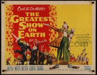 5a0165 GREATEST SHOW ON EARTH style A 1/2sh 1952 Cecil B. DeMille circus classic, clown James Stewart