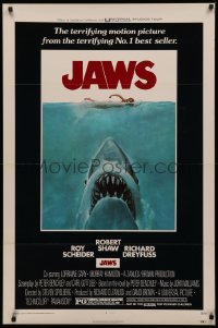 5a0018 JAWS 1sh 1975 Roger Kastel art of Spielberg's man-eating shark attacking sexy swimmer!