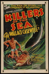 5a0194 KILLERS OF THE SEA 1sh 1937 cool underwater art of skin diver w/ terrified turtle & shark!