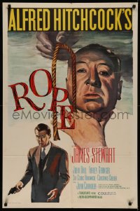 5a0205 ROPE 1sh R1958 best art of James Stewart & director Alfred Hitchcock with murder weapon!