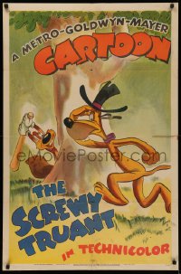 5a0207 SCREWY TRUANT 1sh 1945 Tex Avery cartoon, Screwy Squirrel attacks dog w/baseball bat, rare!