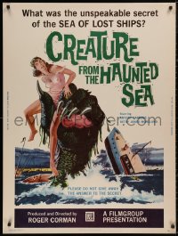 5b0322 CREATURE FROM THE HAUNTED SEA 30x40 1961 art of monster's hand in sea grabbing sexy girl!