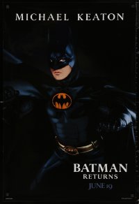 5b0838 BATMAN RETURNS teaser 1sh 1992 Burton, Michael Keaton as caped crusader, cool dated design!