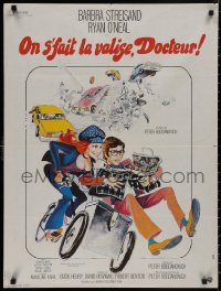 5b0624 WHAT'S UP DOC French 24x32 1973 wacky art of Barbra Streisand & Ryan O'Neal on bike!