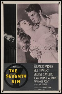 5b0029 SEVENTH SIN 1sh 1957 art of sexy scared Eleanor Parker, who betrays super angry Bill Travers!