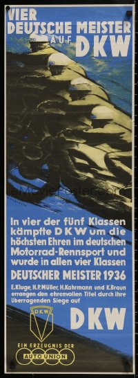 5b0193 DKW 13x36 German commercial poster 1980s V. Mundorff art of men on speeding motorcycles!