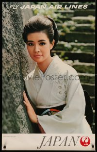 5b0078 JAPAN AIR LINES JAPAN 25x39 Japanese travel poster 1968 smiling woman at Imperial Palace!