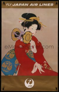 5b0076 JAPAN AIR LINES 25x39 Japanese travel poster 1968 art of woman in a red kimono by Uemura!