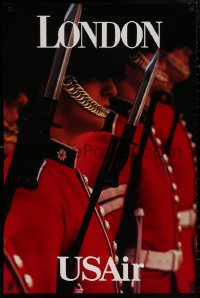 5b0074 USAIR LONDON 24x36 travel poster 1990s close-up image of the Queen's Guard with bayonets!