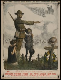 5b0151 AMERICAN OUVROIR FUNDS 24x32 WWI French war poster 1918 Jonas art of soldier & kids by grave!