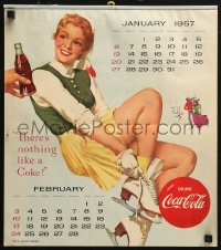5c0277 COCA-COLA Canadian calendar 1957 art of pretty girl lacing up her ice skates by Coke bottle!