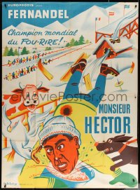 5c1319 MONSIEUR HECTOR French 1p R1950s wacky different art of Fernandel skiing by G. Ferro!