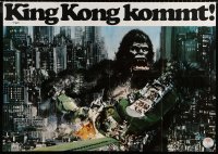 5c0319 KING KONG teaser German 33x47 1976 great John Berkey art of BIG Ape destroying train in city!