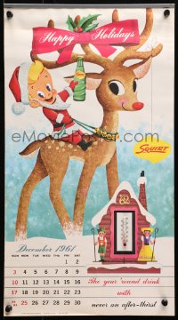 5c0337 SQUIRT calendar 1961 great Christmas art of Hermey riding Rudolph the Red-Nosed Reindeer!
