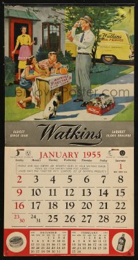 5c0338 WATKINS INCORPORATED calendar 1955 art of salesman with family by his kids' juice stand!