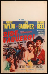 5c0662 RIDE, VAQUERO WC 1953 great art of outlaw Robert Taylor w/smoking gun & beauty Ava Gardner!