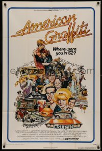 5d0042 AMERICAN GRAFFITI 1sh 1973 George Lucas teen classic, Mort Drucker montage art of cast!