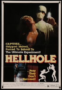 5d0511 HELLHOLE 1sh 1985 Pierre De Moro directed, image of girl about to be injected by mad doctor!