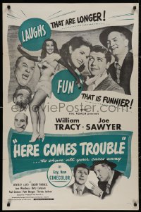 5d0516 HERE COMES TROUBLE 1sh R1950s sexy Beverly Loyd, laughs that are longer!