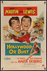 5d0527 HOLLYWOOD OR BUST 1sh 1956 wacky art of Dean Martin & Jerry Lewis in car, Anita Ekberg!