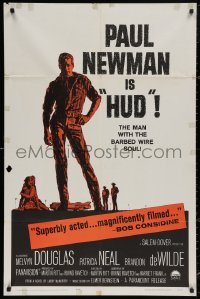 5d0542 HUD 1sh 1963 Mitchell Hooks art of Paul Newman as the man with the barbed wire soul!
