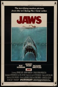 5d0578 JAWS 1sh 1975 Roger Kastel art of Spielberg's man-eating shark attacking sexy swimmer!