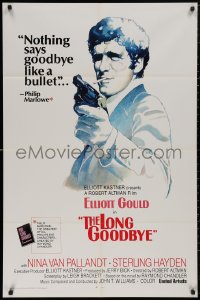 5d0673 LONG GOODBYE int'l 1sh 1973 artwork of Elliott Gould as Philip Marlowe with gun by Vic Fair!