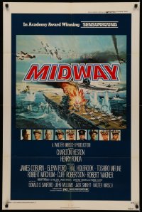 5d0757 MIDWAY NSS style 1sh 1976 Charlton Heston, Henry Fonda, dramatic naval battle art!