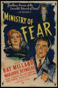 5d0758 MINISTRY OF FEAR 1sh 1944 Fritz Lang, cool noir art of Ray Milland w/gun & Marjorie Reynolds!