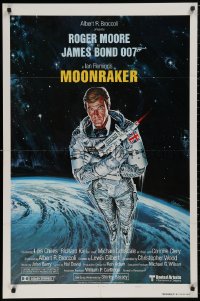 5d0772 MOONRAKER style A int'l teaser 1sh 1979 art of Roger Moore as Bond in space by Goozee!