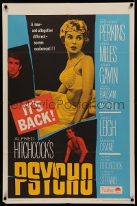 5d0907 PSYCHO 1sh R1965 half-dressed Janet Leigh, Anthony Perkins, Alfred Hitchcock classic!