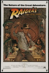 5d0921 RAIDERS OF THE LOST ARK 1sh R1980s great Richard Amsel art of adventurer Harrison Ford!