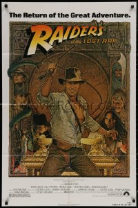 5d0922 RAIDERS OF THE LOST ARK 1sh R1982 great Richard Amsel art of adventurer Harrison Ford!