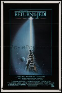 5d0935 RETURN OF THE JEDI 1sh 1983 George Lucas, art of hands holding lightsaber by Reamer!