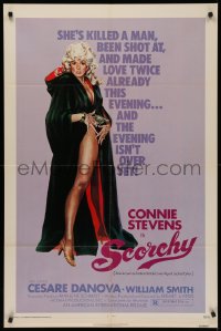 5d0992 SCORCHY 1sh 1976 full-length art of sexiest barely-dressed Connie Stevens in black cape!