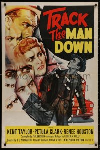5d1167 TRACK THE MAN DOWN 1sh 1956 cool art of detective Kent Taylor tracing footsteps, Petula Clark