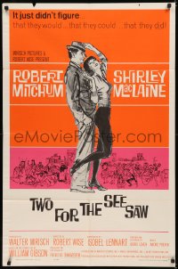 5d1169 TWO FOR THE SEESAW 1sh 1962 art of Robert Mitchum & sexy beatnik Shirley MacLaine by Hooks!