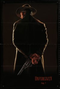 5d1175 UNFORGIVEN teaser DS 1sh 1992 image of gunslinger Clint Eastwood w/back turned, dated design!