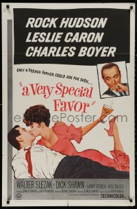 5d1191 VERY SPECIAL FAVOR 1sh 1965 Rock Hudson kisses sexy Leslie Caron, Charles Boyer!