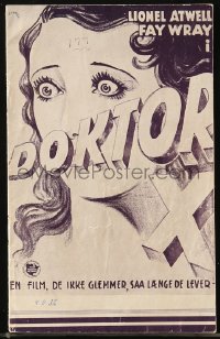 5f0253 DOCTOR X Danish program 1932 different Koppel art of scared Fay Wray, Michael Curtiz horror!