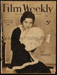 5f0589 FILM WEEKLY English magazine February 6, 1932 beautiful Kay Francis holding huge fur muff!