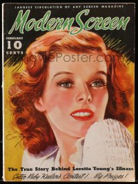 5f1104 MODERN SCREEN magazine February 1936 great cover art of Katharine Hepburn by Earl Christy!