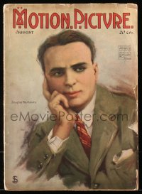 5f1125 MOTION PICTURE magazine August 1918 great cover art of Douglas Fairbanks by Leo Sielke Jr.!