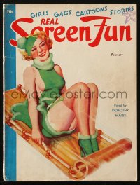 5f0894 REAL SCREEN FUN magazine February 1937 great cover art of scantily clad woman sledding!