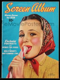 5f0908 SCREEN ALBUM magazine Winter 1939 great cover portrait of Olivia De Havilland w/ candy cane!