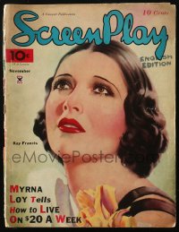 5f0919 SCREEN PLAY magazine November 1934 great cover art of beautiful Kay Francis by Al Wilson!