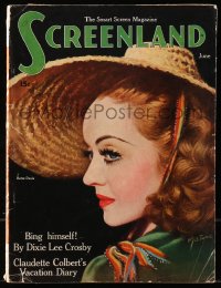 5f1200 SCREENLAND magazine June 1938 great cover art of pretty Bette Davis by Marland Stone!