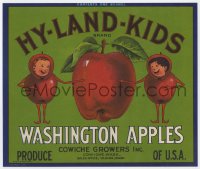 5g0085 HY-LAND-KIDS 9x11 crate label 1940s great art of kids wearing apple costumes!