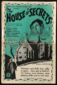 5g0779 HOUSE OF SECRETS pressbook 1936 cool CCM artwork of creepy guy lurking over house, rare!