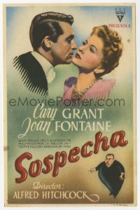 5g0225 SUSPICION Spanish herald 1942 Hirschfeld art of Hitchcock + Cary Grant, Fontaine, different!